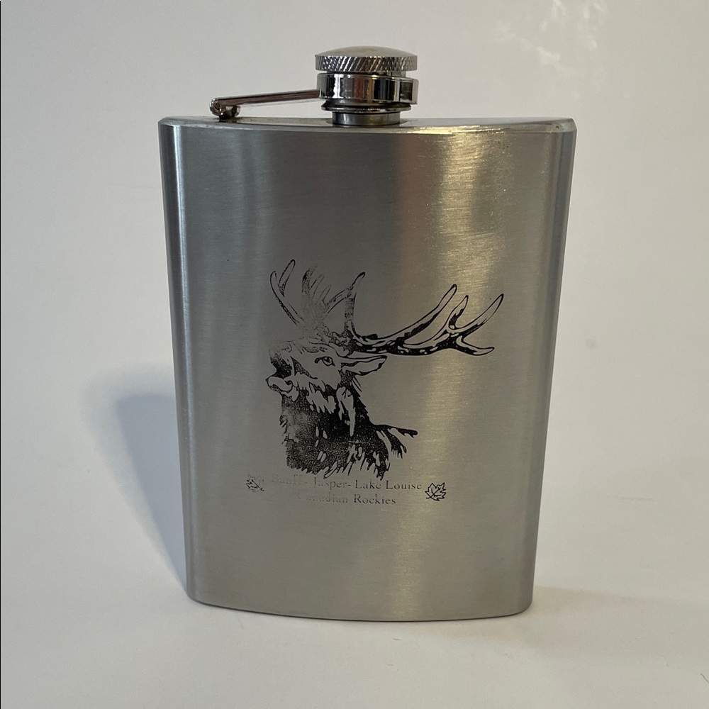 Vintage Stainless Steel 8oz Flask with Stag & Canadian Rockies Design Y2K Retro